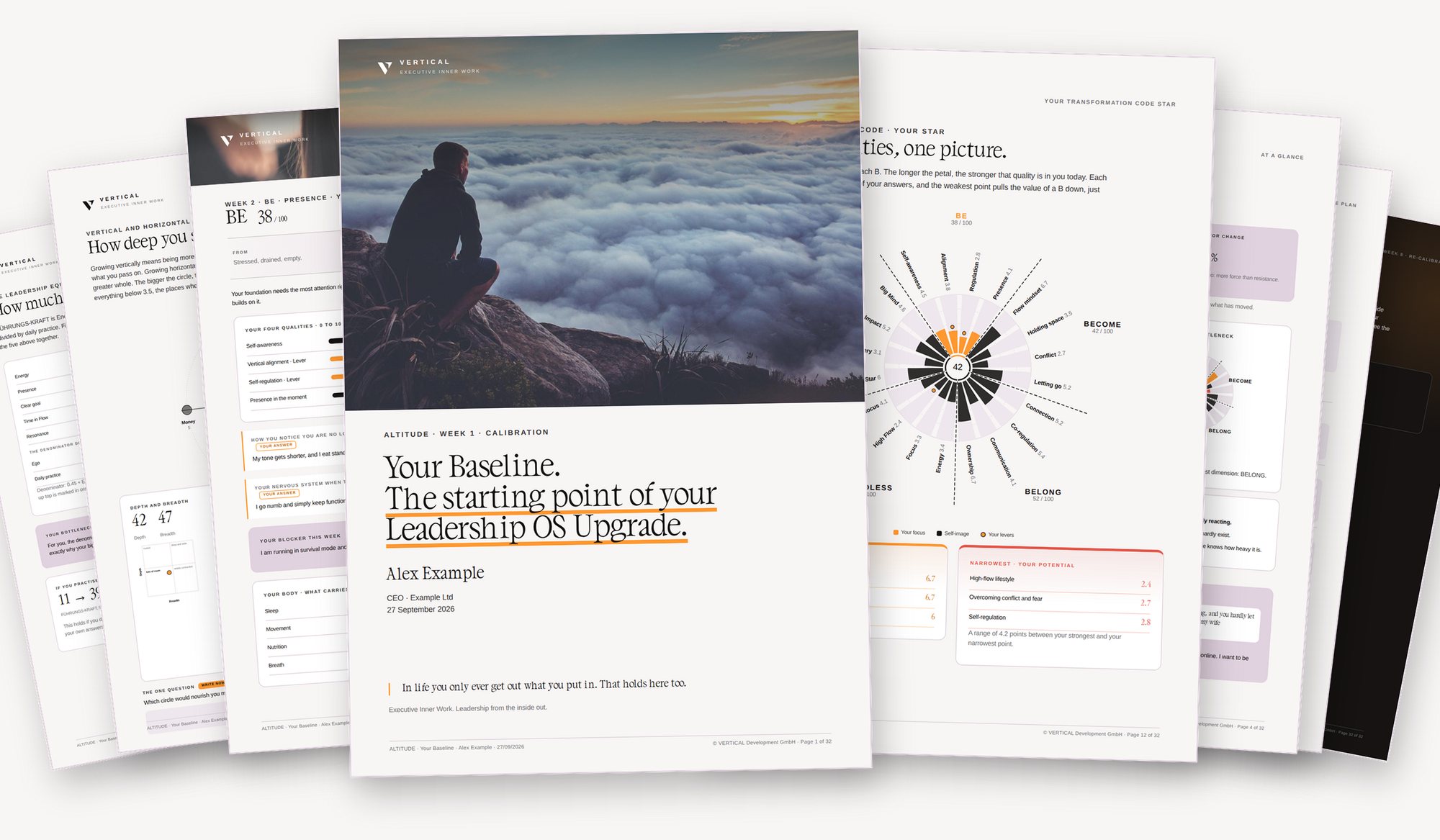 Sample pages of the ALTITUDE report: cover, Transformation Code star, At a glance, Growth Map, FÜHRUNGS-KRAFT and plan